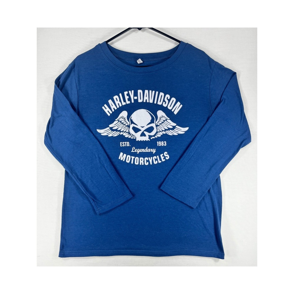Misslook Blue Harley-Davidson Winged Skull Graphic Long Sleeve Tee Small